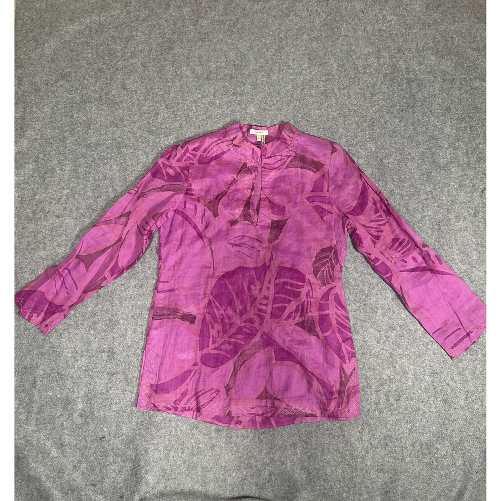 tyler böe Linen Tunic 8 Purple Tropical Leaf‎ Print Embroidered V-Neck Top